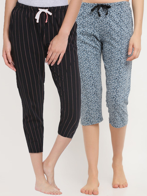 

Kanvin Women Pack Of 2 Printed Pure Cotton Three-Fourth Lounge Pants, Blue