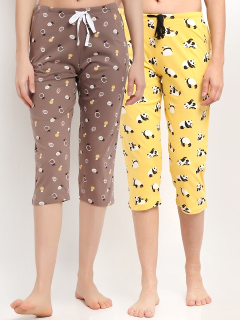 

Kanvin Women Pack Of 2 Printed Pure Cotton Three-Fourth Lounge Pants, Yellow