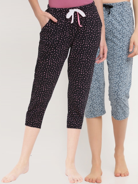 

Kanvin Women Blue & Black Pack Of 2 Printed Pure Cotton Lounge Capris