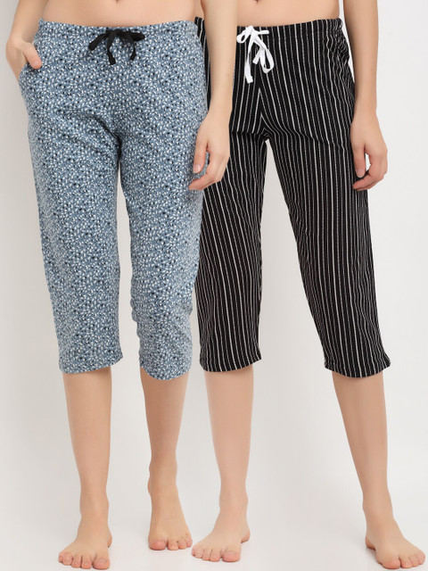 

Kanvin Women Blue & Black Pack Of 2 Printed Pure Cotton Three Fourth-Length Lounge Capris