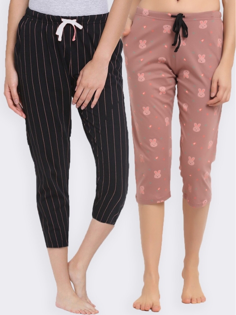 

Kanvin Women Mauve & Black Pack Of 2 Printed Cotton Three-Fourth Lounge Pants