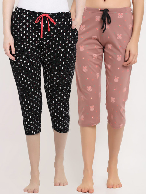 

Kanvin Women Pack Of 2 Printed Pure Cotton Three-Fourth Lounge Pants, Mauve