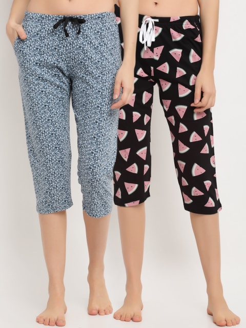 

Kanvin Women Black & Blue Printed Set of 2 Printed Pure Cotton Lounge Capris