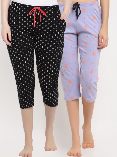 

Kanvin Women Pack Of 2 Printed Pure Cotton Lounge Capri, Black