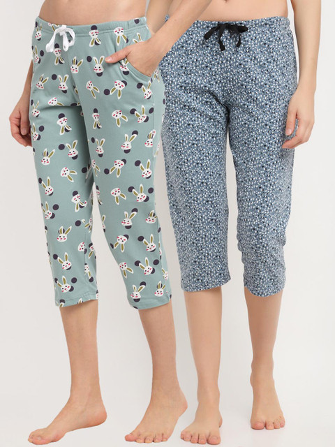 

Kanvin Women Pack Of 2 Pure Cotton Capri Lounge Pants, Blue