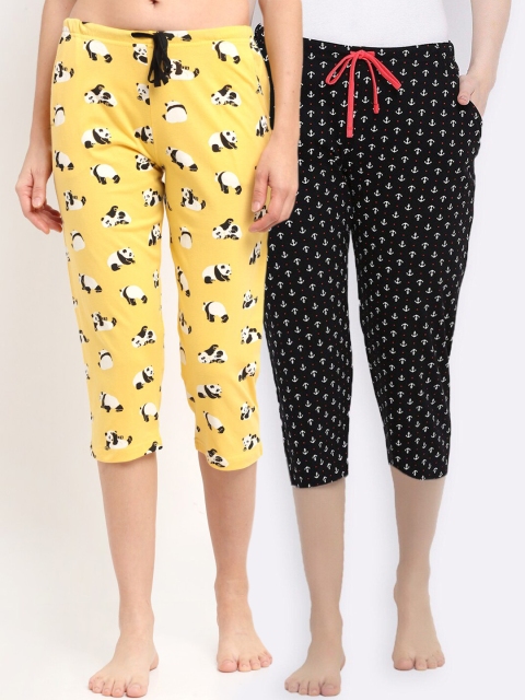 

Kanvin Women Pack Of 2 Printed Pure Cotton Lounge Capri, Yellow