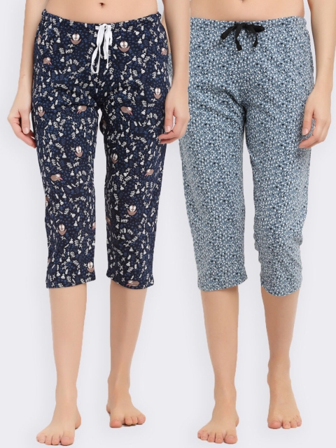 

Kanvin Women Pack of 2 Printed Pure Cotton Lounge Capris, Blue