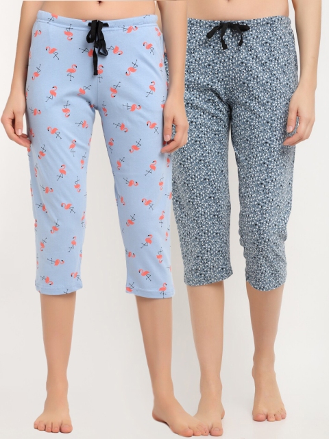 

Kanvin Women Pack Of 2 Printed Pure Cotton Lounge Capri, Blue