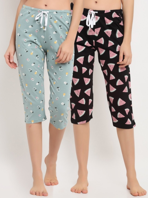 

Kanvin Women Pack Of 2 Printed Pure Cotton Lounge Capris, Green