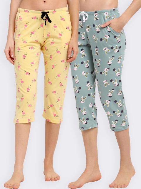 

Kanvin Women Sea Green & Yellow Pack Of 2 Printed Pure Cotton Lounge Capris