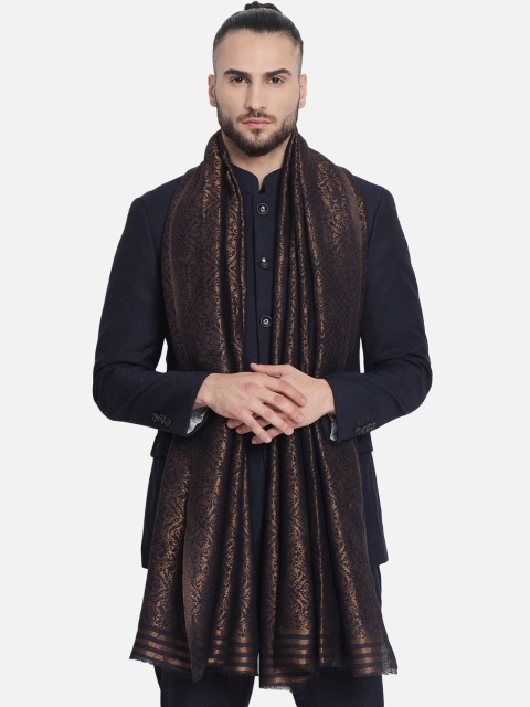 

Pashtush Men Black & Gold-Coloured Woven-Design Woolen Shawl, Brown