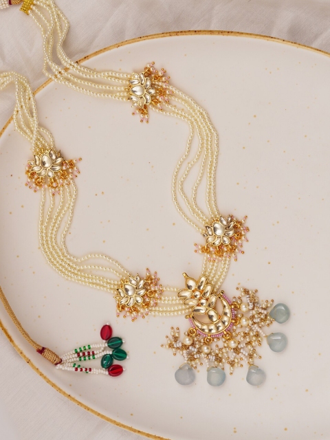 

Queen Be Gold-Plated White & Blue Kundan Studded & Beaded Brass Necklace