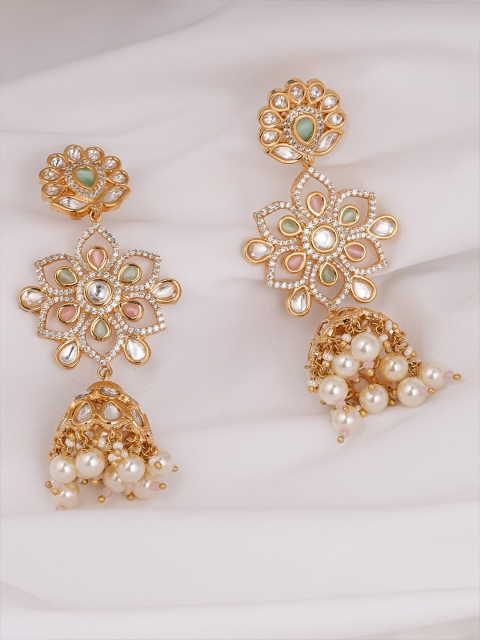 

Queen Be White & Gold-Plated Contemporary Jhumkas Earrings