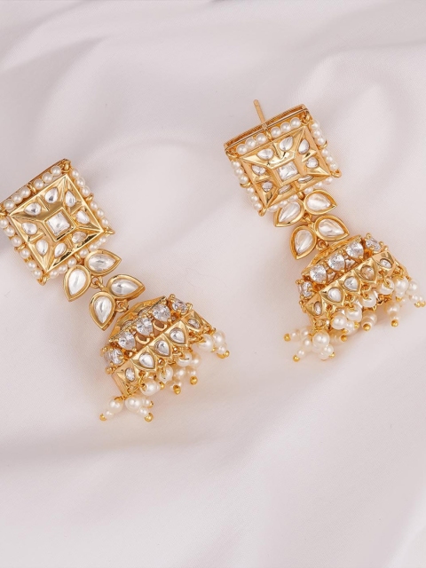 

Queen Be Gold-Plated & White Kundan Studded Square Jhumkas