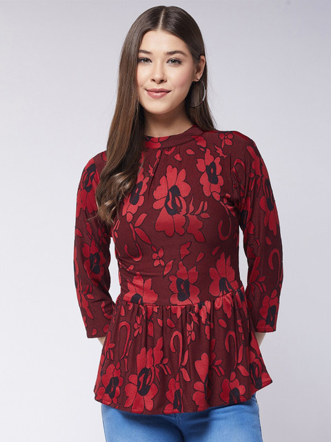 

Purple Feather Red Floral Print Peplum Top