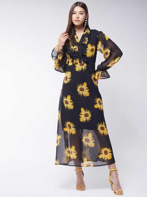 

Purple Feather Black & Yellow Floral Printed Georgette Maxi A-Line Dress