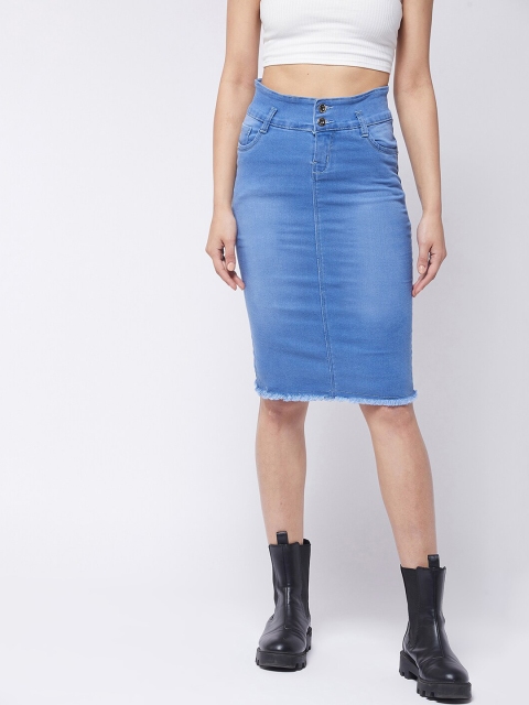 

Purple Feather Women Blue Solid Denim Pencil Skirts