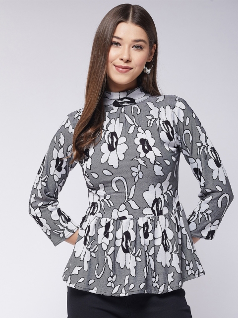 

Purple Feather Women Grey & White Floral Print Peplum Top