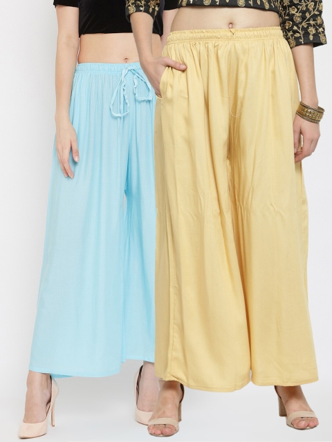 

Clora Creation Women Pack Of 2 Blue & Yellow Solid Wide Leg Palazzos