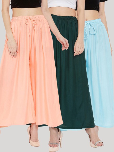 

Clora Creation Women Peach-Coloured & Green Pack Of 3 Flared Palazzos