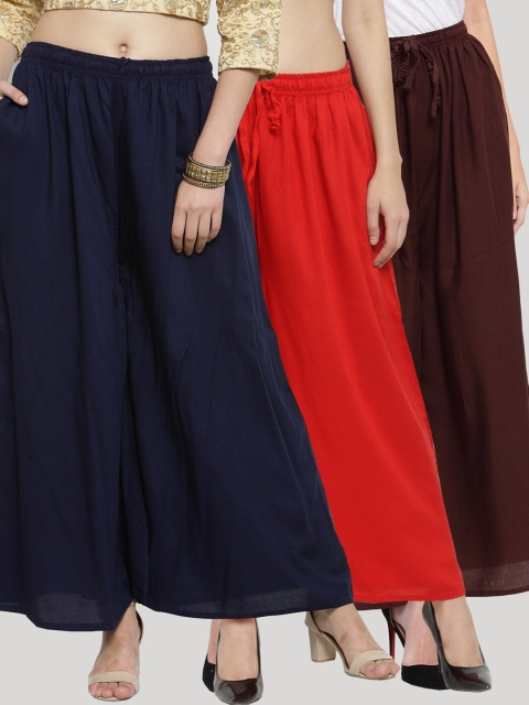 

Clora Creation Women Pack Of 3 Solid Flared Palazzos, Red