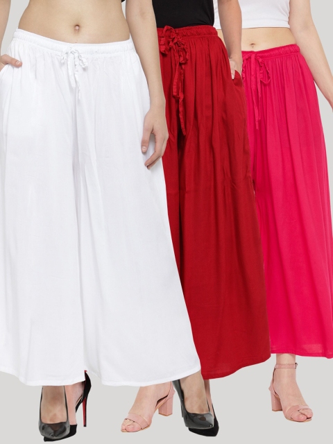 

Clora Creation Women White & Maroon Set Of 3 Flared Knitted Ethnic Palazzos