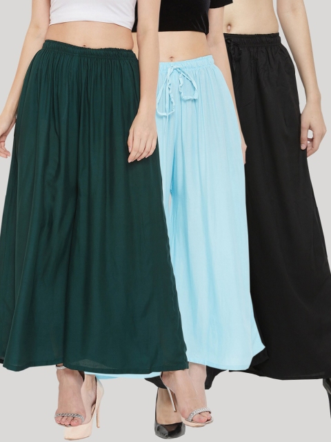 

Clora Creation Women Pack of 3 Blue & Green Flared Knitted Ethnic Palazzos