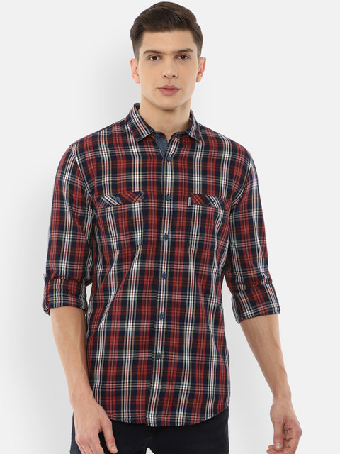 

Louis Philippe Jeans Men Maroon Slim Fit Tartan Checks Checked Casual Shirt