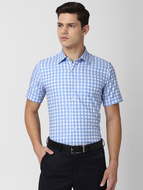 

Van Heusen Men Blue Slim Fit Gingham Checks Checked Pure Cotton Formal Shirt