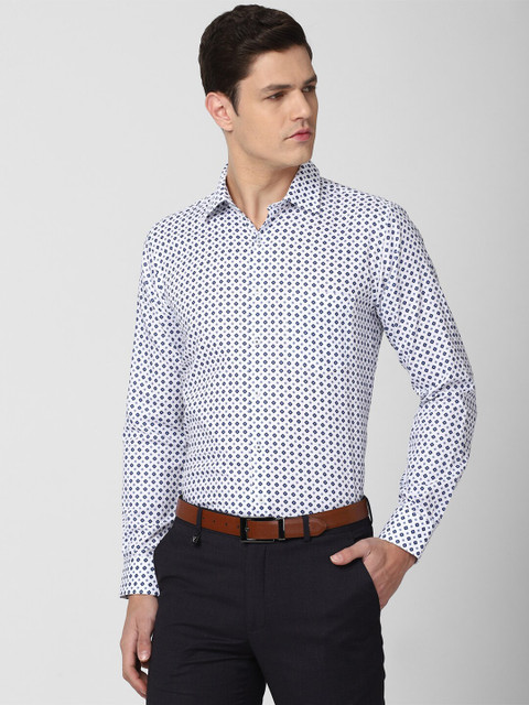 

Van Heusen Men White & Navy Blue Slim Fit Printed Pure Cotton Formal Shirt