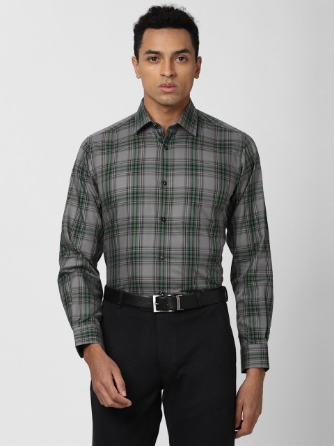 

Van Heusen Men Grey & Green Tartan Checks Checked Cotton Formal Shirt