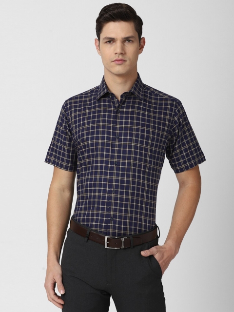 

Van Heusen Men Navy Blue & Yellow Checked Pure Cotton Formal Shirt