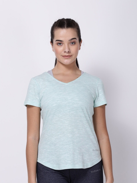 

STUDIOACTIV Women Sea Green V-Neck Raw Edge T-shirt