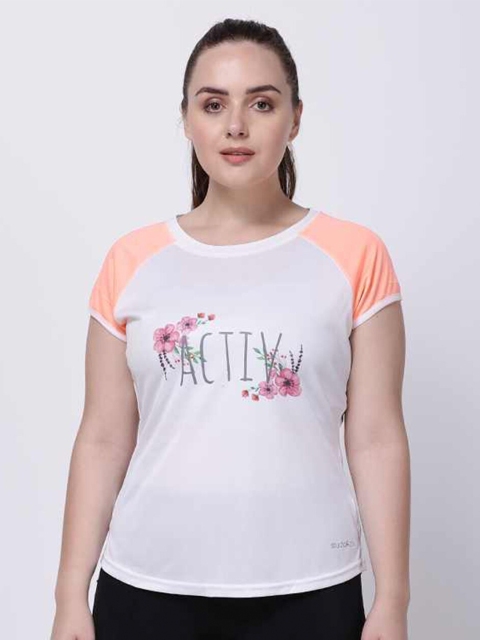 

STUDIOACTIV Women White Printed Extended Sleeves Applique T-shirt