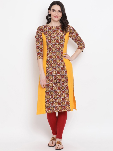 

FABNEST Women Yellow Ethnic Motifs Printed Thread Work Kurta