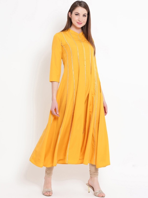 

FABNEST Women Yellow & Gold-Toned Striped Crepe Anarkali Kurta