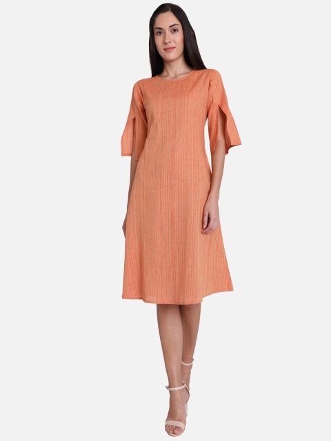 

SALWAR STUDIO Orange Striped A-Line Cotton Dress