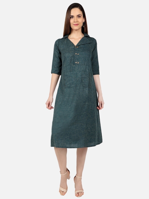 

SALWAR STUDIO Green Linen Skater A-Line Dress