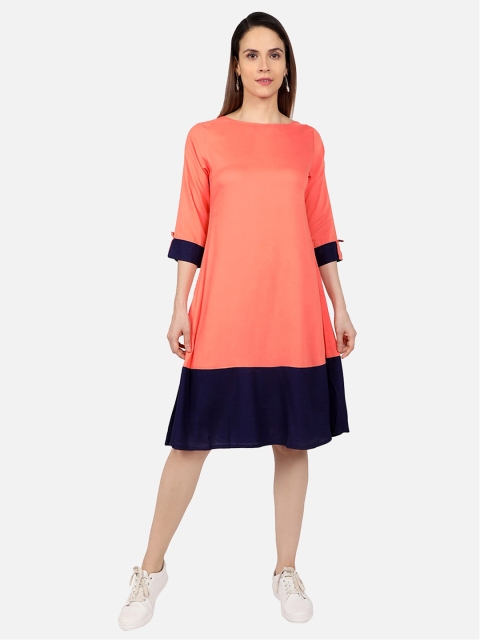 

SALWAR STUDIO Peach-Coloured & Navy Blue Colourblocked A-Line Dress