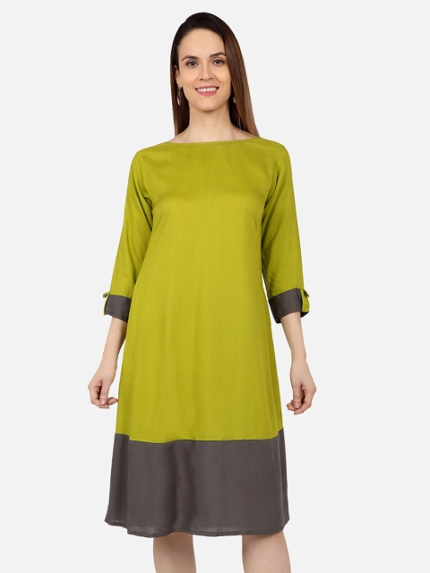 

SALWAR STUDIO Lime Green & Grey Colourblocked A-Line Dress