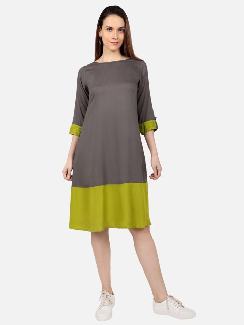 

SALWAR STUDIO Grey & Green Colourblocked A-Line Dress