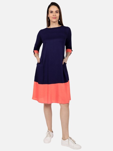 

SALWAR STUDIO Blue & Peach-Coloured Colourblocked A-Line Dress