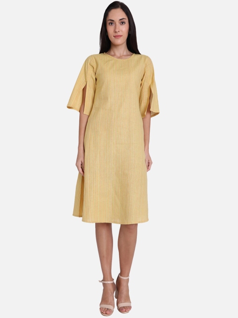 

SALWAR STUDIO Yellow Striped A-Line Cotton Dress