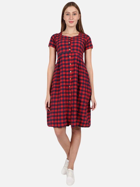 

SALWAR STUDIO Red Checked A-Line Skater Dress