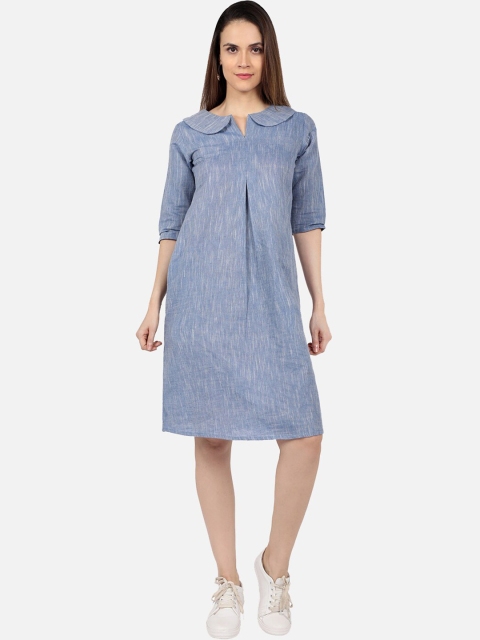 

SALWAR STUDIO Women Blue Solid Peter Pan Collar Cotton A-Line Dress