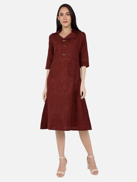 

SALWAR STUDIO Red Linen A-Line Linen Midi Skater Dress