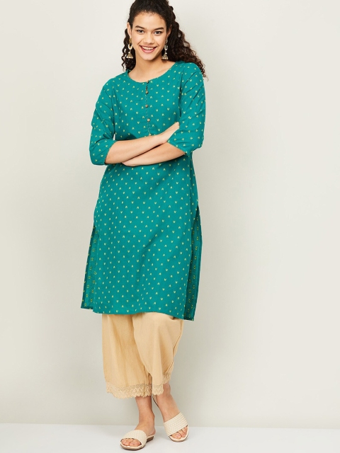 

Melange by Lifestyle Women Teal Green Geometric Embroidered Cotton Straight Kurta