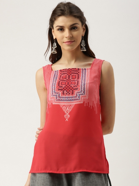 

IMARA Women Coral Red Printed Sheer Top