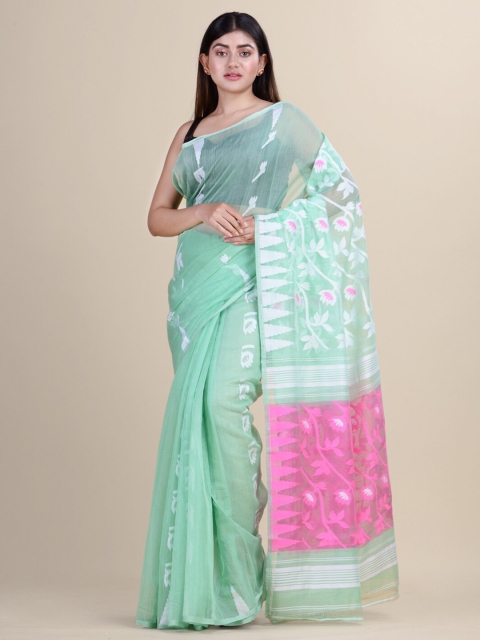 

Laa Calcutta Sea Green & Pink Woven Design Silk Cotton Jamdani Saree