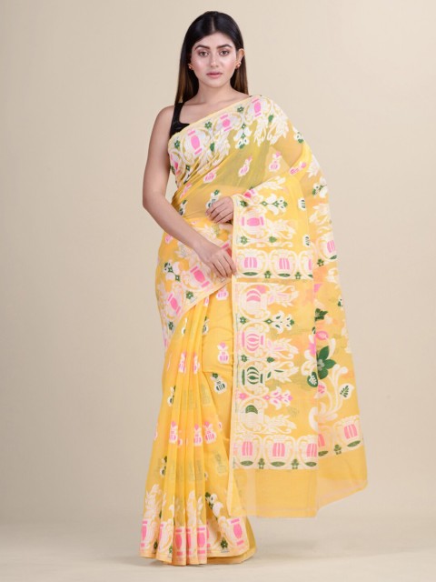 

Laa Calcutta Yellow & Pink Ethnic Motifs Silk Cotton Jamdani Saree